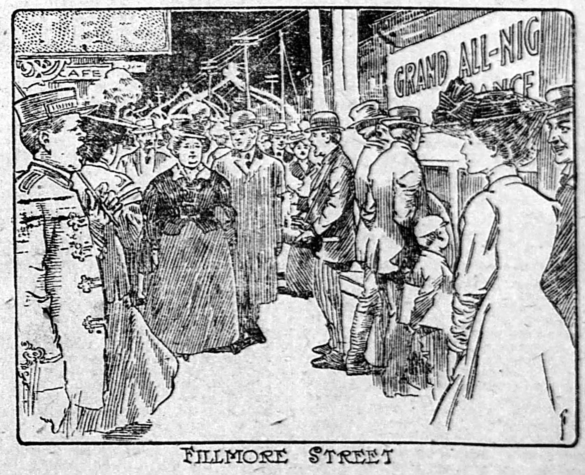 1908 newspaper illustration of crowds on Fillmore Street