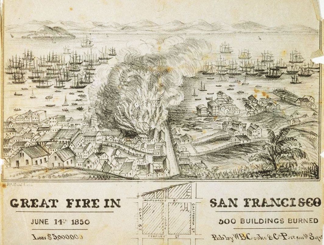 Lettersheet illustration of 1850 San Francisco fire.