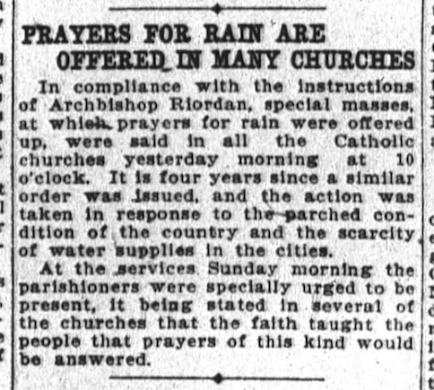 "Prayers for Rain Are Offered in Many Churches" headline from 1908.