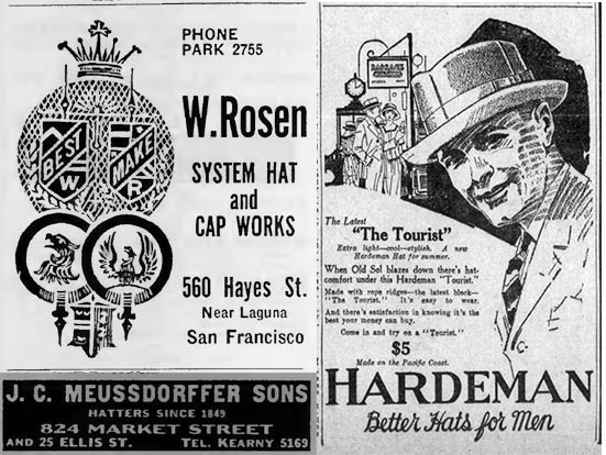 Ads for San Francisco hat stores