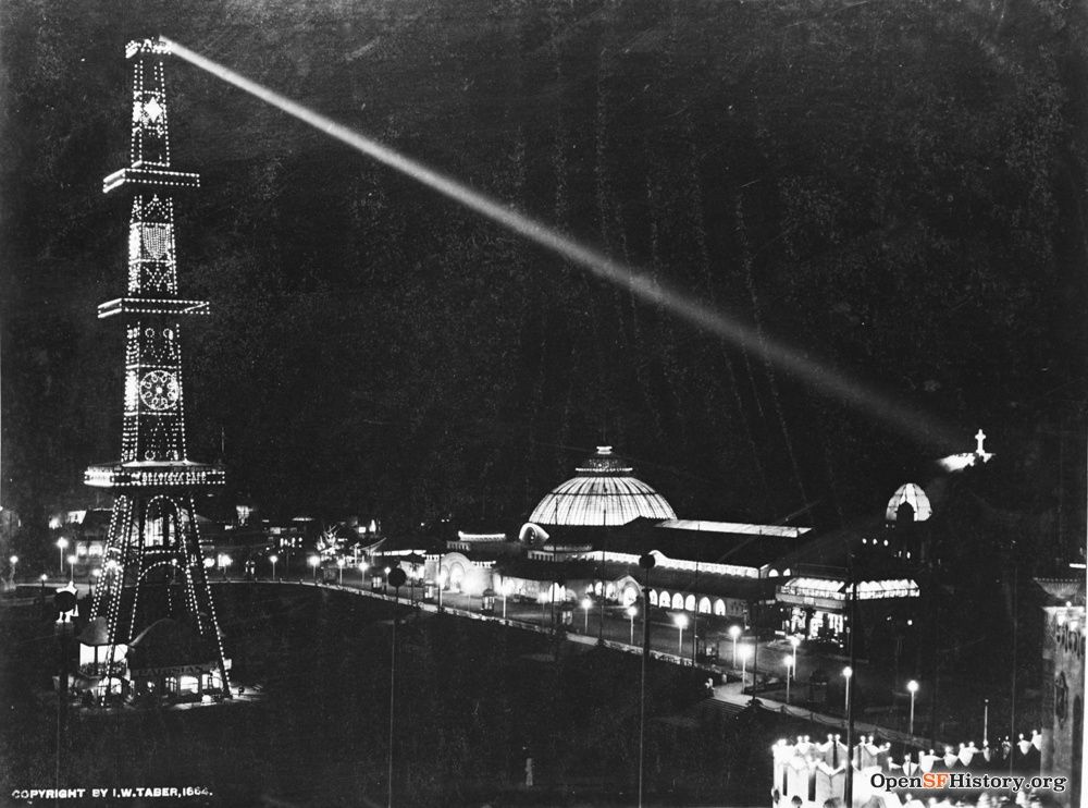 Night view of tower at 1894 Midwinter Fair