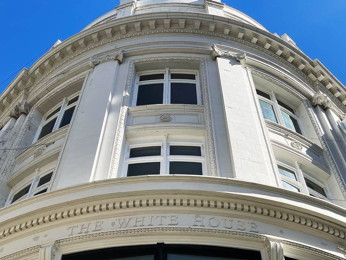 The White House name inscribed on building at Sutter Street and Grant Avenue.