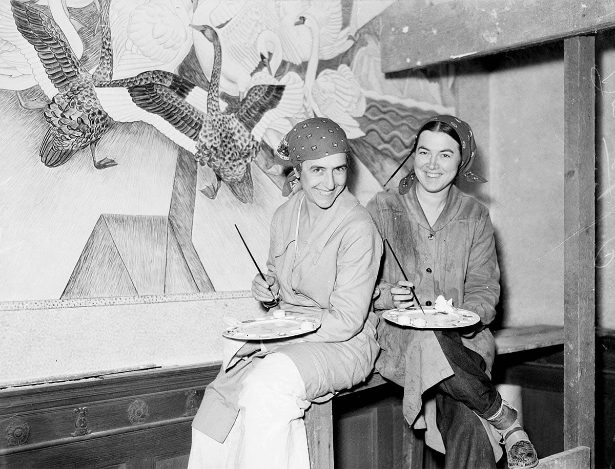 Dorothy Puccinelli and Helen Forbes painting at the Mothers Building.